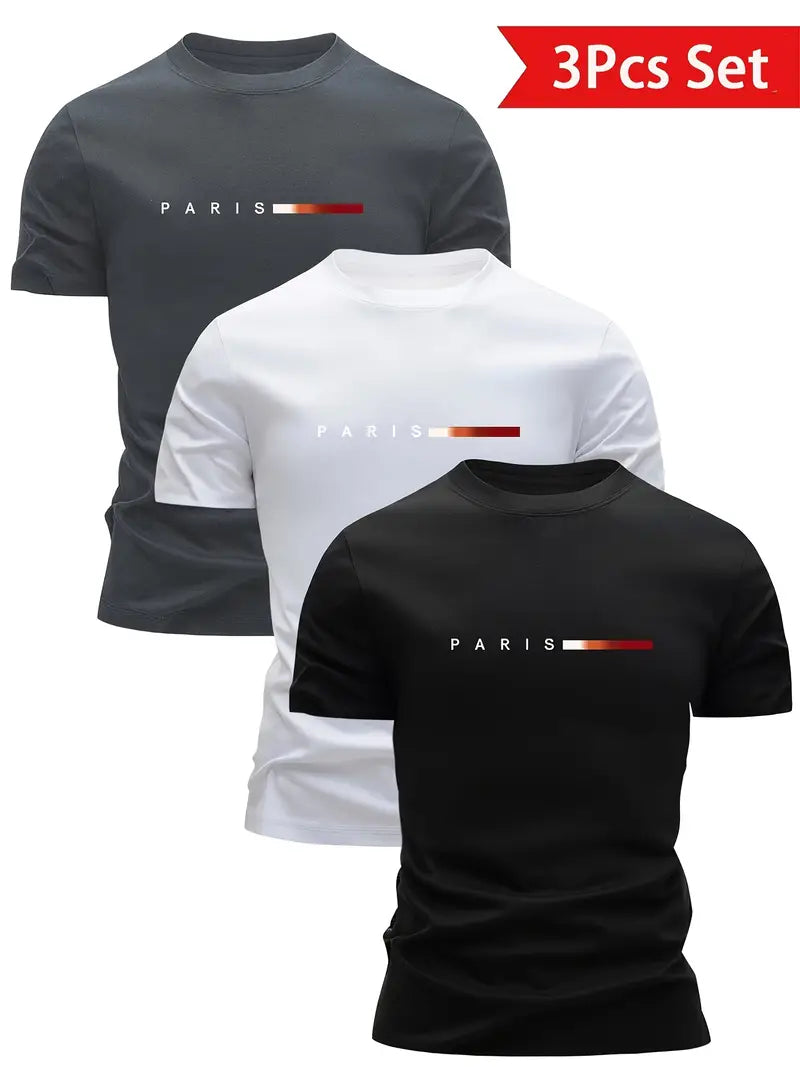 3-Pack Men’s Quick-Dry T-Shirts | Paris Print, Lightweight, Breathable