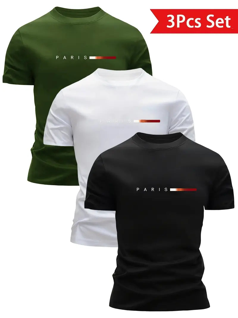 3-Pack Men’s Quick-Dry T-Shirts | Paris Print, Lightweight, Breathable