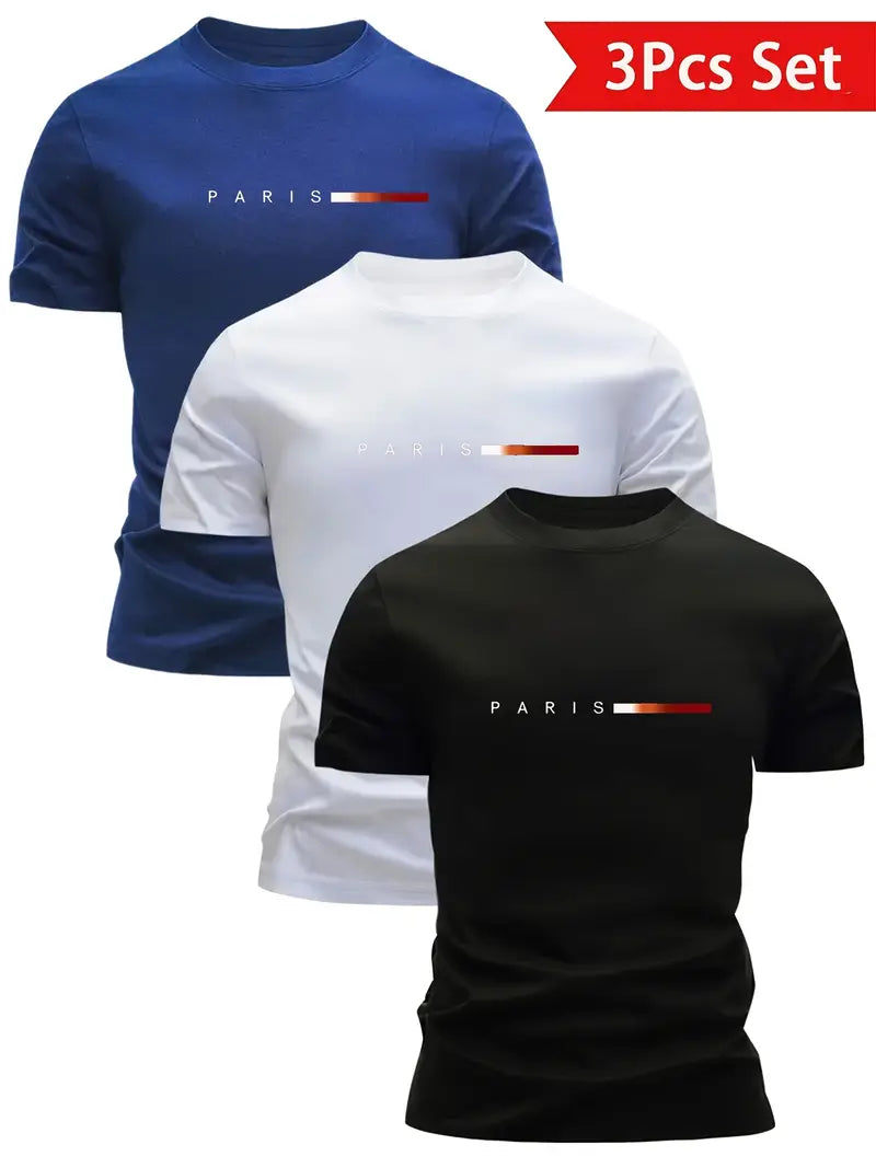 3-Pack Men’s Quick-Dry T-Shirts | Paris Print, Lightweight, Breathable