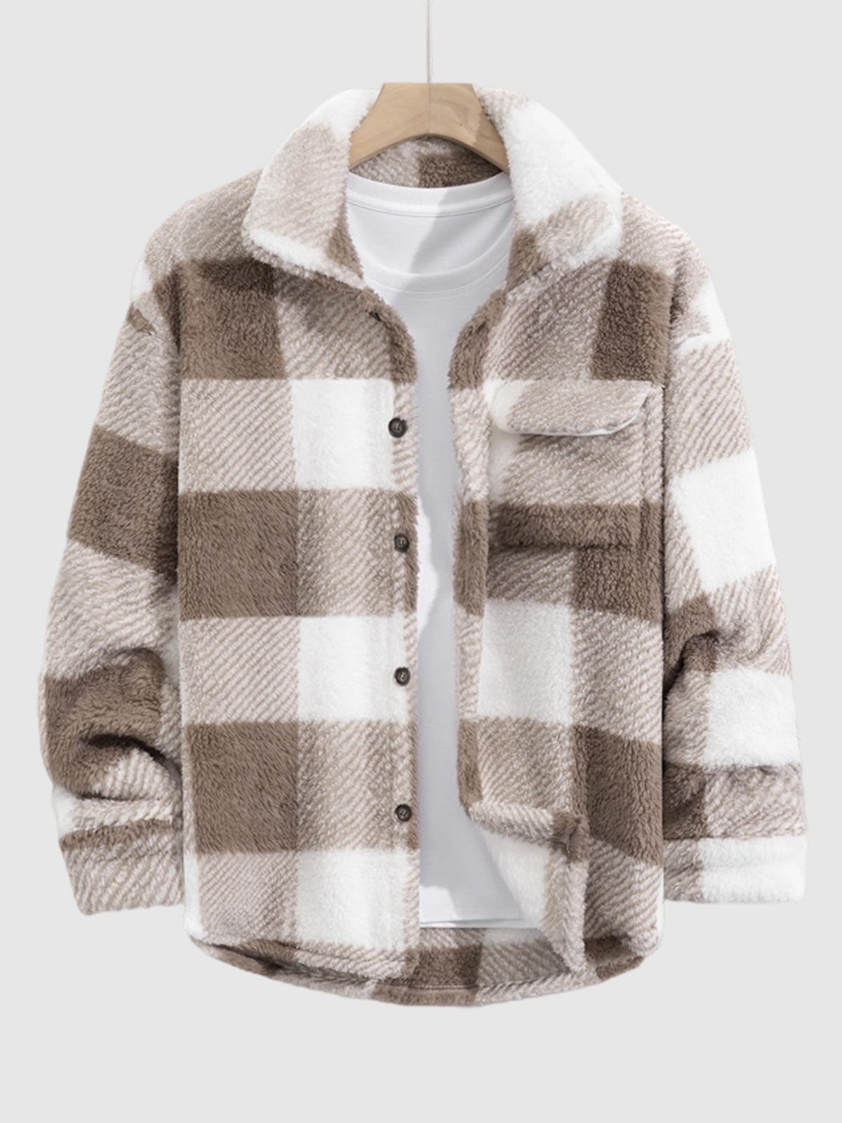 Classic men's checked jacket, lined with fluffy faux fur, with a pocket and a buttoned collar.