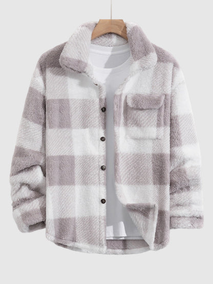 Men's Classic Plaid  Fluffy Faux Fur Single Pocket Button Lapel Jacket