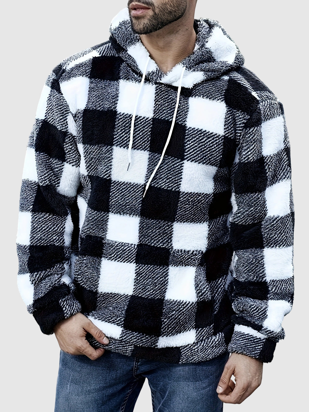 Men's Classic Plaid Fleece Hooded Pocket Sweatshirt