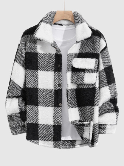 Classic men's checked jacket, lined with fluffy faux fur, with a pocket and a buttoned collar.