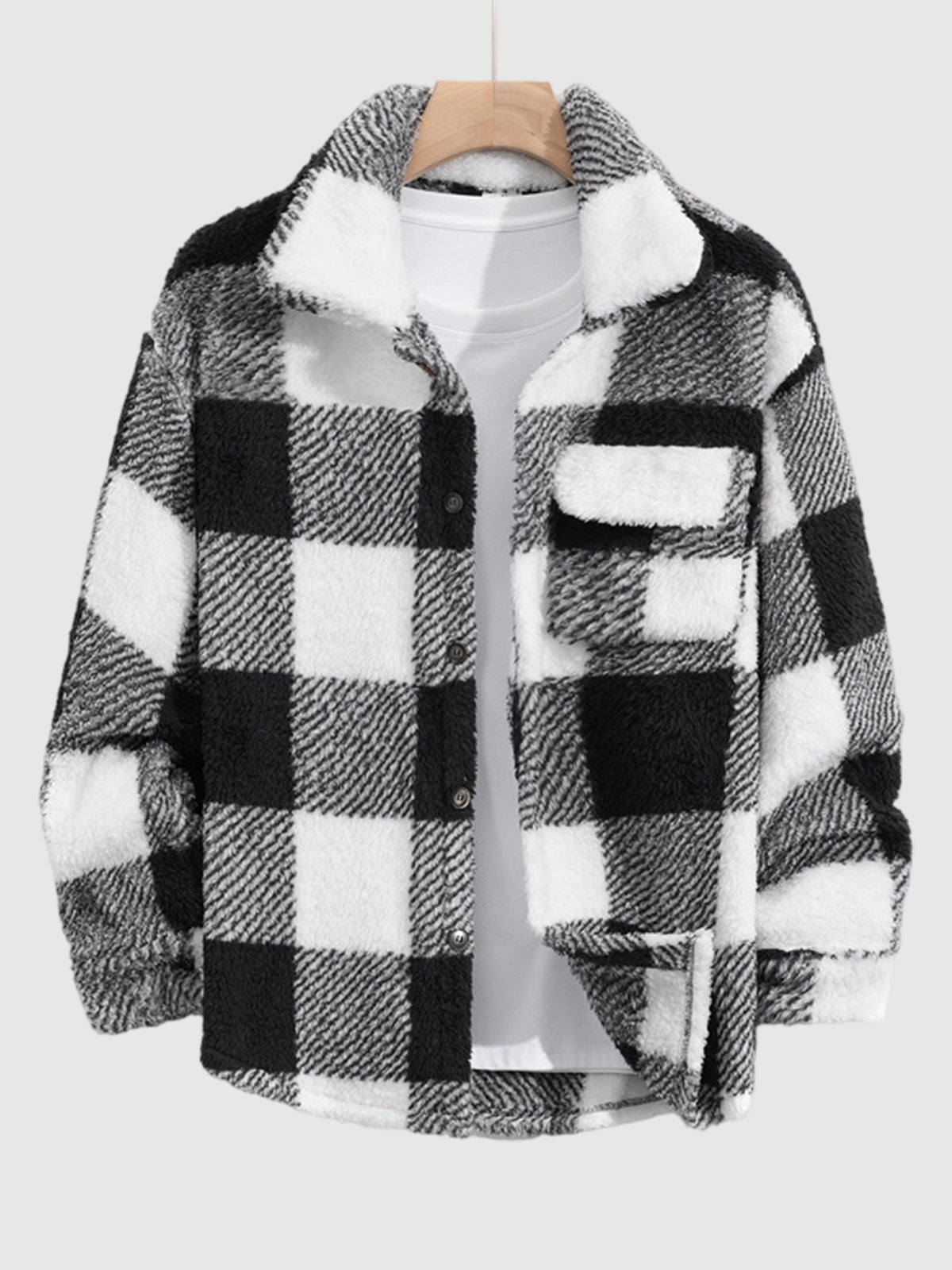 Men's Classic Plaid  Fluffy Faux Fur Single Pocket Button Lapel Jacket