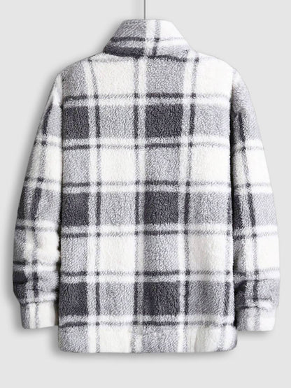 Men's Classic Plaid  Fluffy Faux Fur Single Pocket Button Lapel Jacket