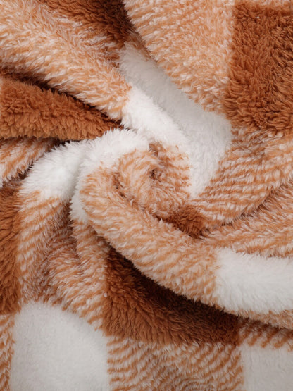 Men's Classic Plaid  Fluffy Faux Fur Single Pocket Button Lapel Jacket