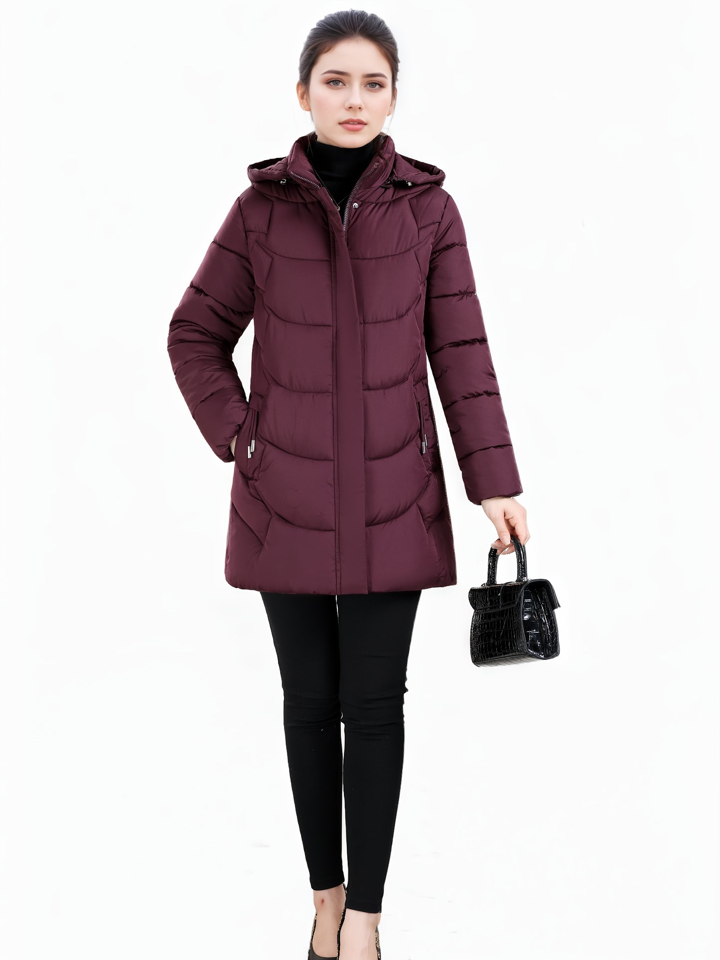 Women’s Long Hooded Winter Jacket – Lightweight, Warm, Gold Zipper, Travel-Friendly