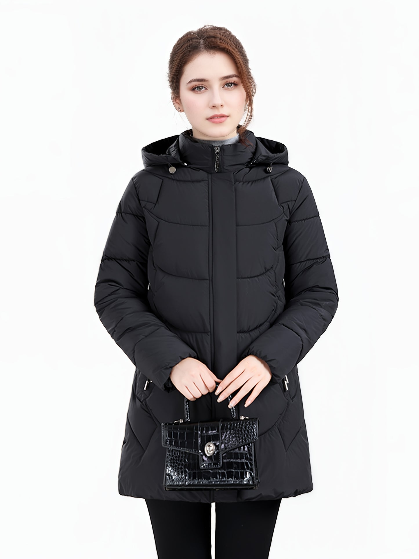 Women’s Long Hooded Winter Jacket – Lightweight, Warm, Gold Zipper, Travel-Friendly