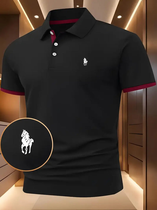 Black polo shirt with red accents on a mannequin against a neutral background