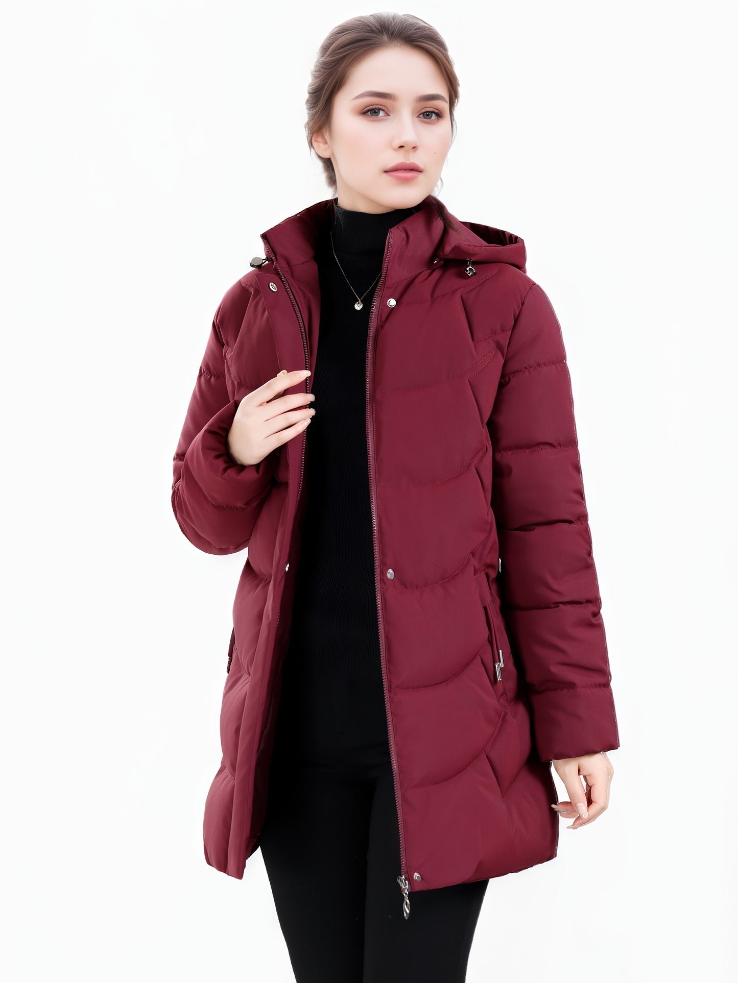 Women’s Long Hooded Winter Jacket – Lightweight, Warm, Gold Zipper, Travel-Friendly