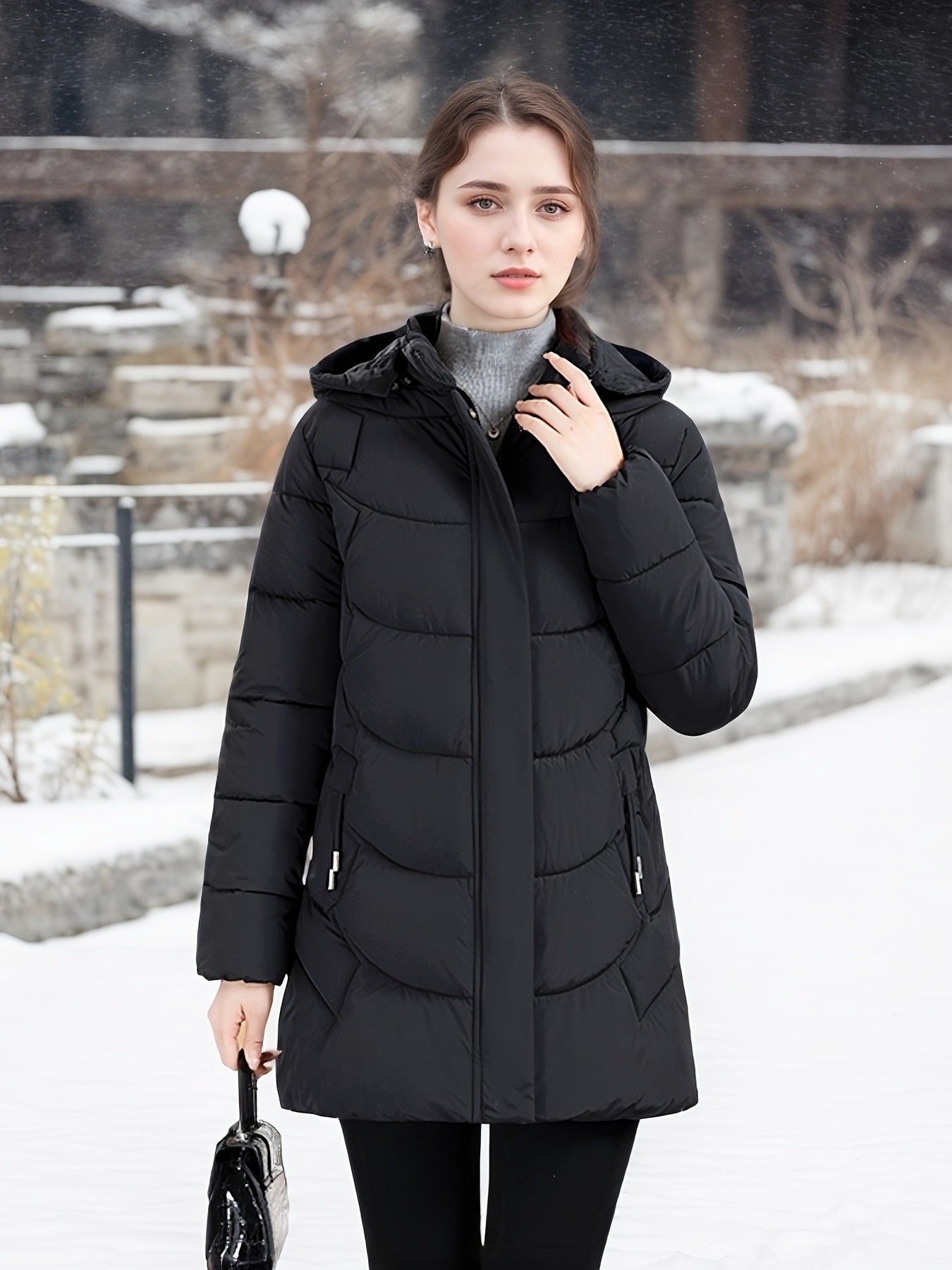 Women’s Long Hooded Winter Jacket – Lightweight, Warm, Gold Zipper, Travel-Friendly