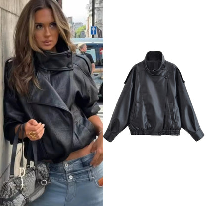 Vortex™ High-Collar Oversized Faux Leather Moto Jacket