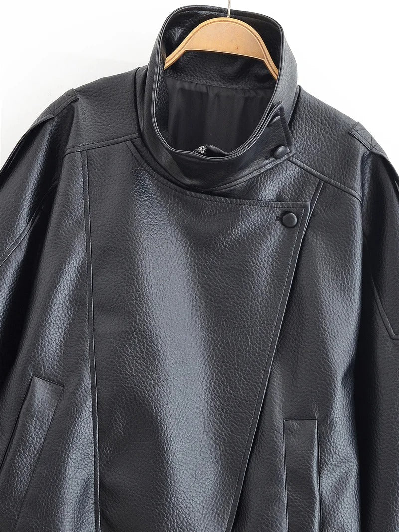 Vortex™ High-Collar Oversized Faux Leather Moto Jacket