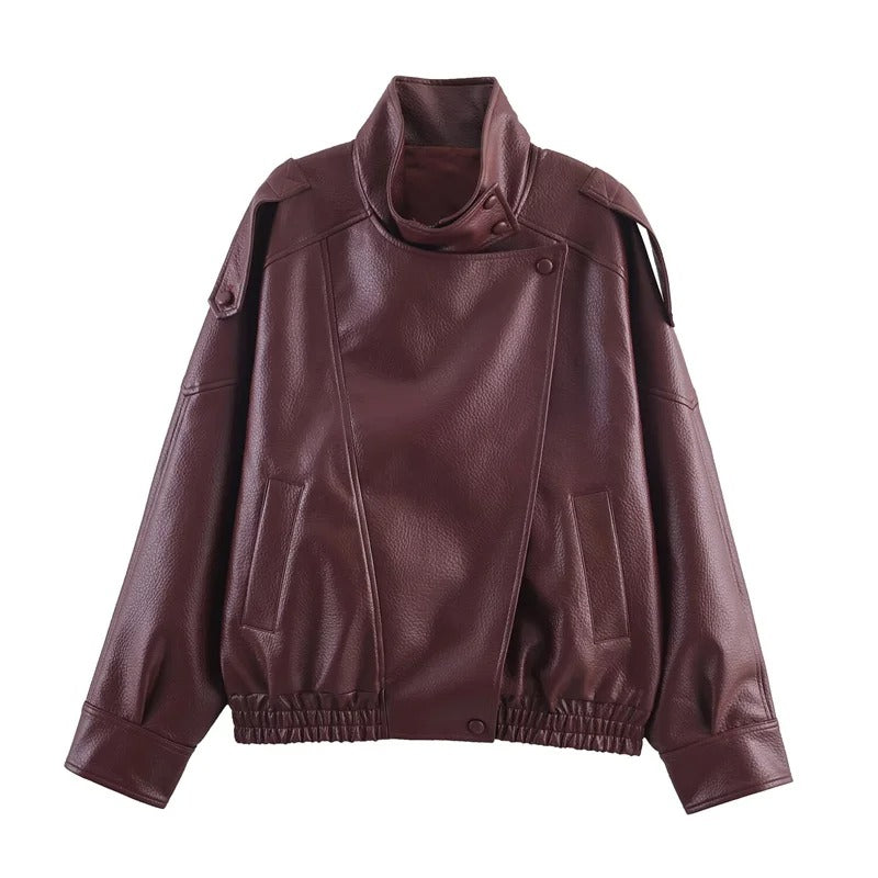 Vortex™ High-Collar Oversized Faux Leather Moto Jacket